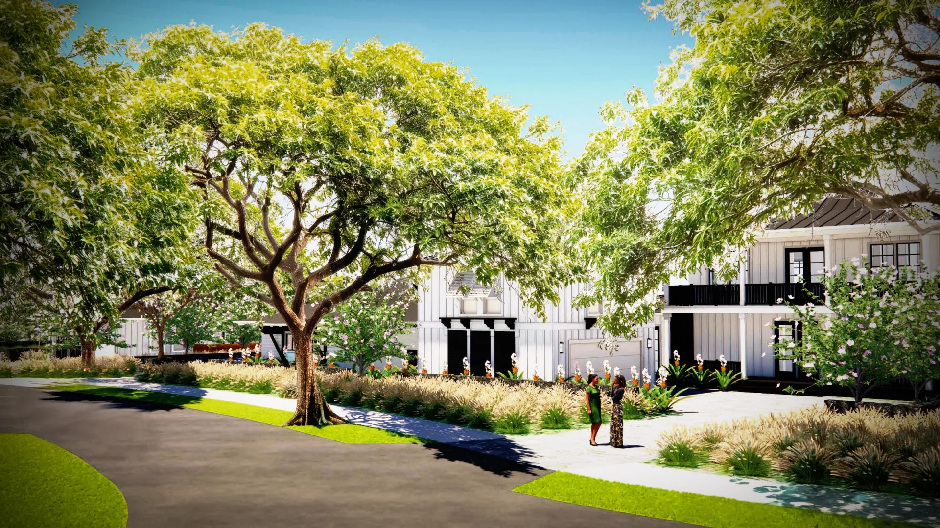 Tree-lined street with modern white buildings and people walking.